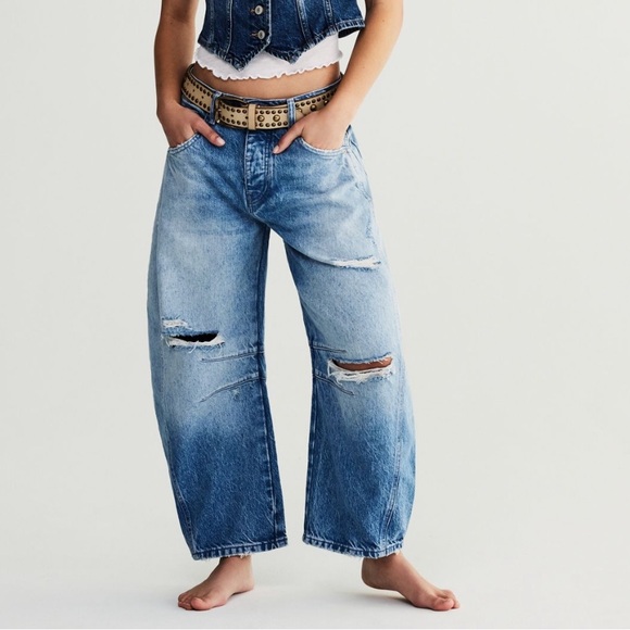 Free People Good Luck Mid-Rise Barrel Jeans in Barnyard Blue - Picture 6 of 13
